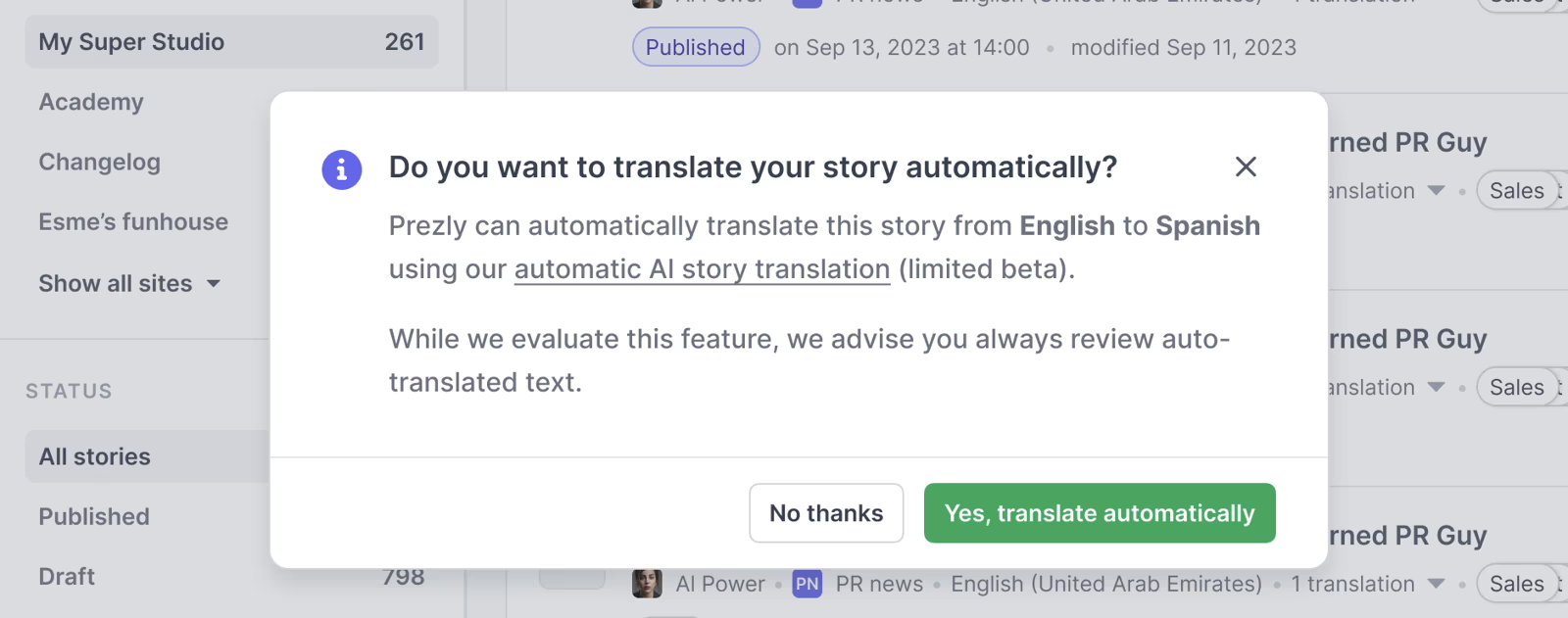 Translate your press releases in seconds with Prezly's built-in AI translation tool. Translate your press releases in seconds with Prezly's built-in AI translation tool.